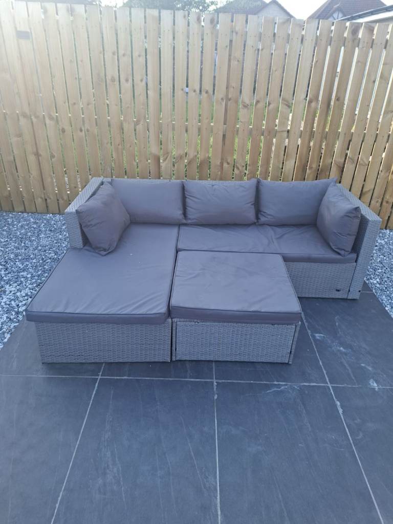 Grey Rattan Corner Sofa & Coffee Table – Good Condition