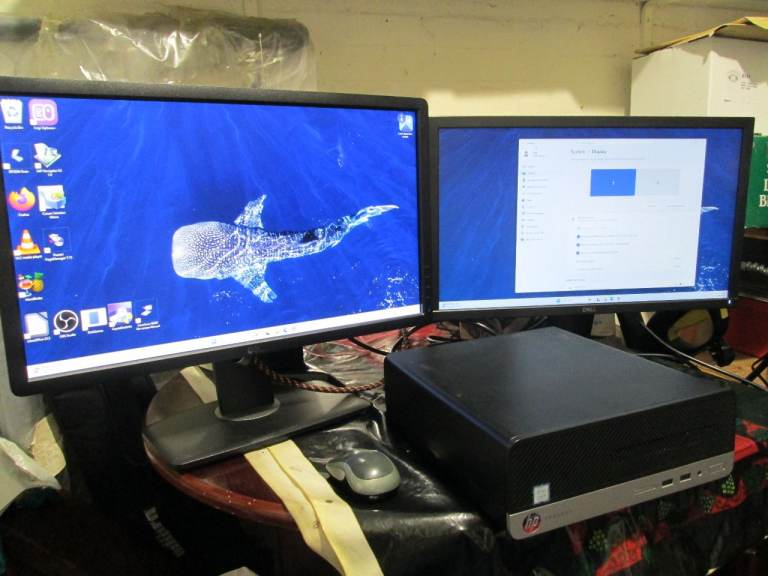 Hewlett Packard SFF i5 9500 desktop with dual monitors