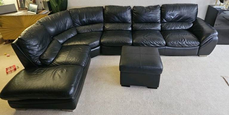 DFS BLACK LEATHER CORNER SOFA & FOOTSTOOL - MUST GO TODAY TODAY - CHEAP DELIVERY - £325