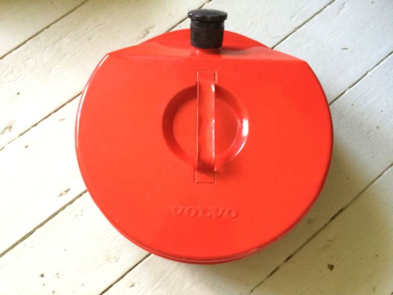 Red metal classic Volvo petrol container