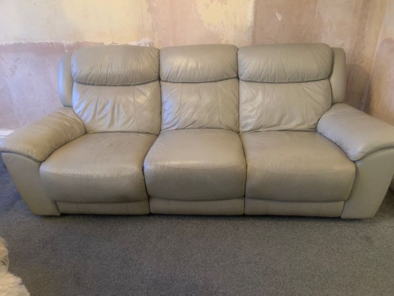 Good Condition Grey Leather Recliner Sofa and Matching Chair