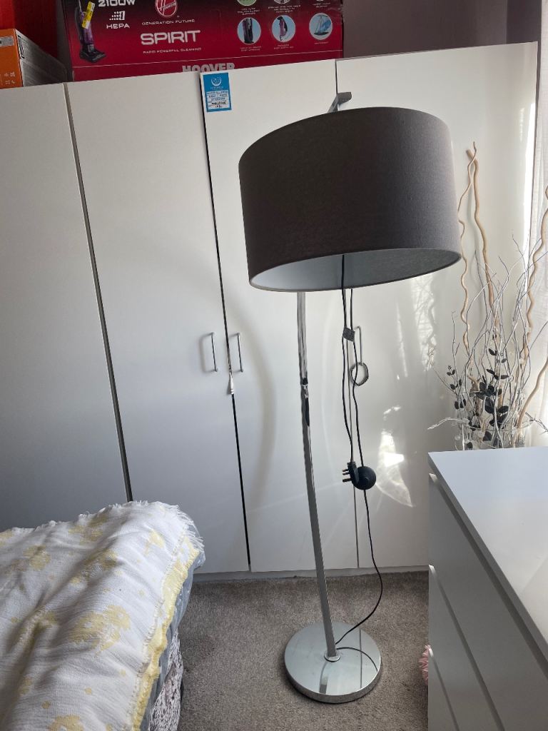 Silver standing lamp with Philip smart bulb turn with Alexa With gray lamp shade 