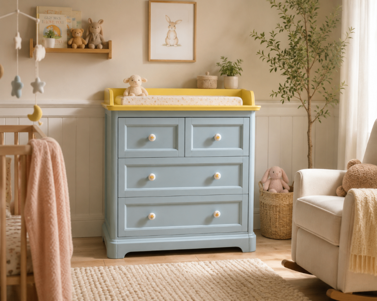 Upcycled Baby Changing Table with Drawers - Light Blue & Yellow