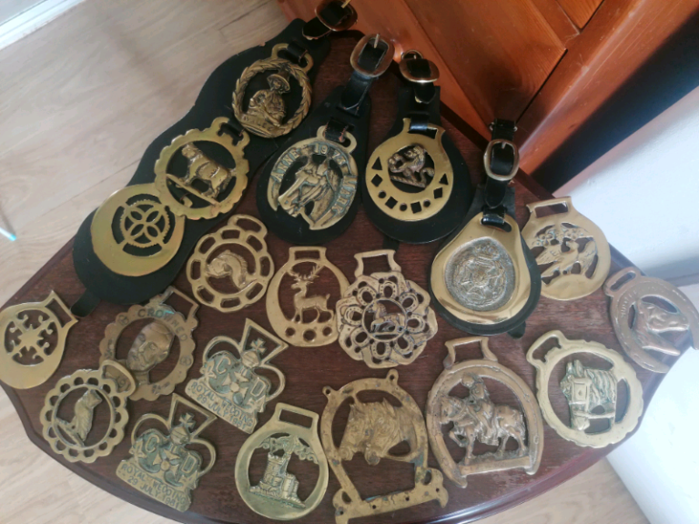 Vintage English Brass Horse Medallions( 4 on  black Leather Belt)..