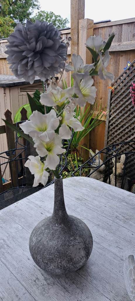 Grey Vase with Artificial Flowers – Good Condition