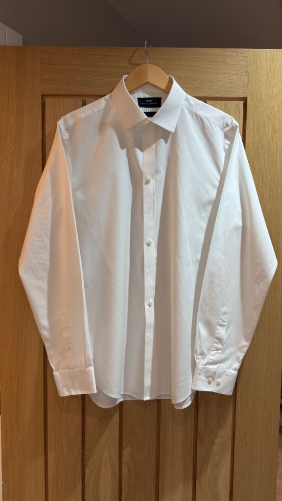 BOSS White Slim Fit Dress Shirt 16.5” L Textured Jacquard Organic Cotton Double Cuff