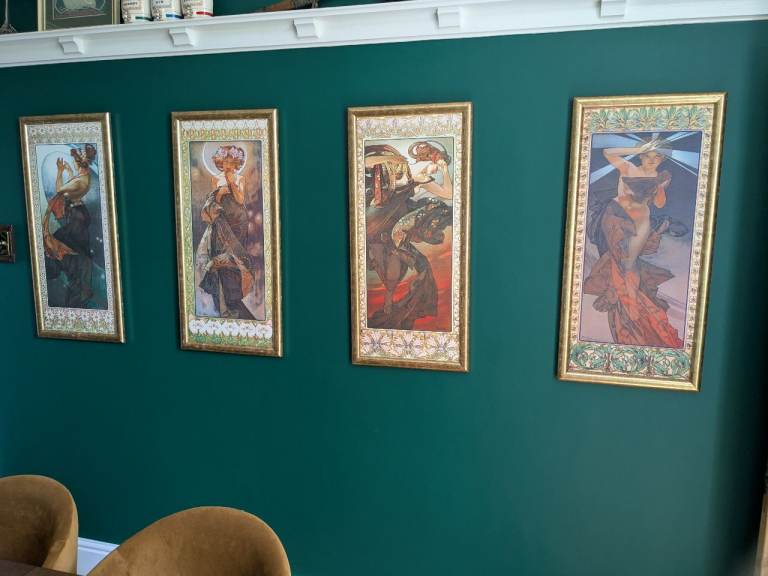 Set of 4 Alphonse Mucha prints on canvas, The Moon and Stars series  Each 85 x 40 cms 