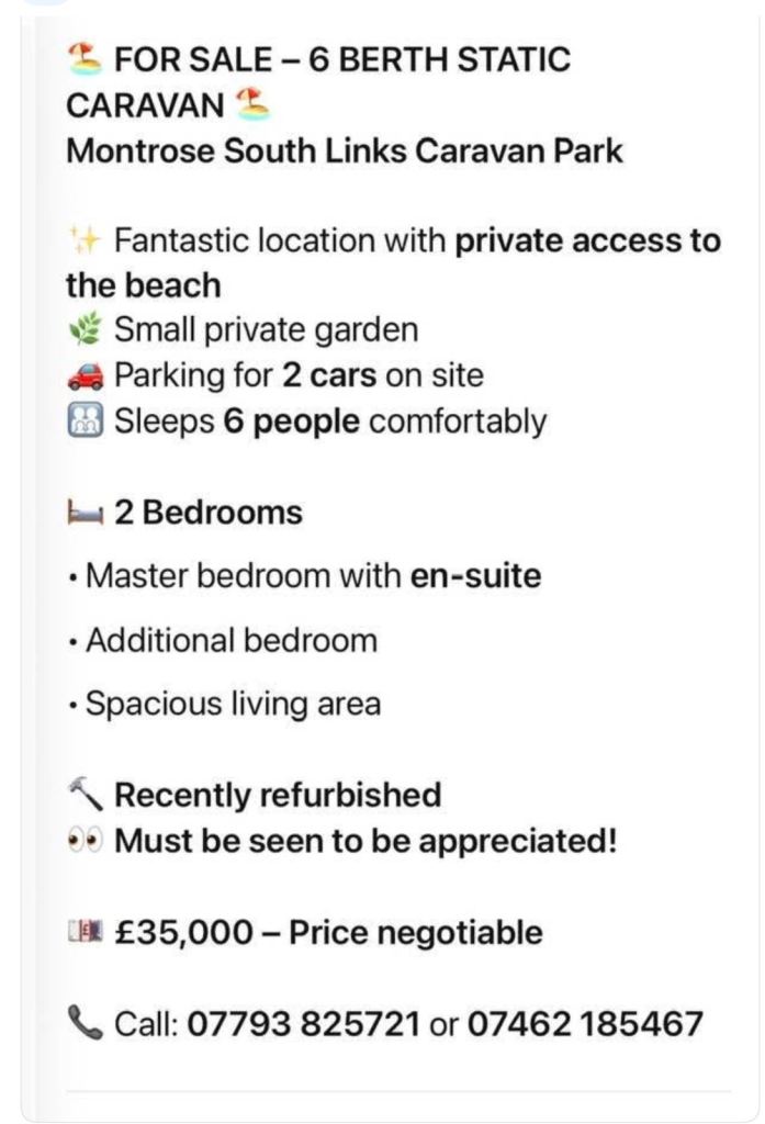 Static  caravan Montrose south beach