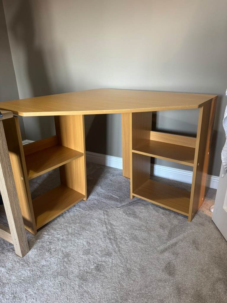 Light Wood Corner Desk with Shelves – Good Condition