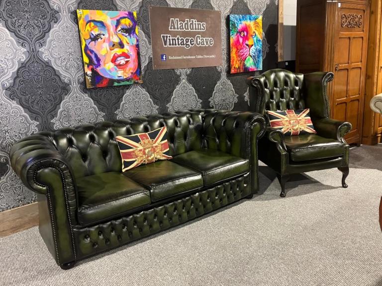 Stunning Refurbished Chesterfield 3 Seater Sofa & Wing Chair in Green Leather - Delivery