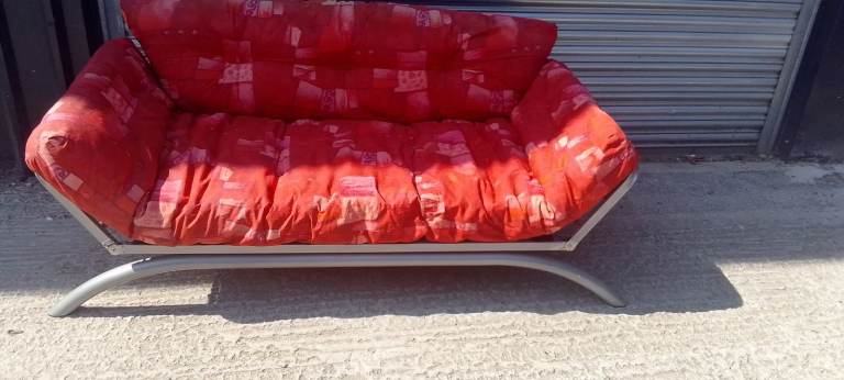 Red Metal Framed Sofa Bed with Cushions – Used Condition