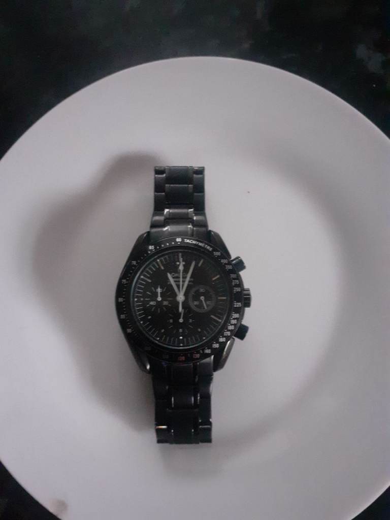 image for speedmaster omega style chronograph watch,all black