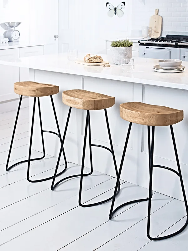 THREE weathered oak and metal Bar Stools