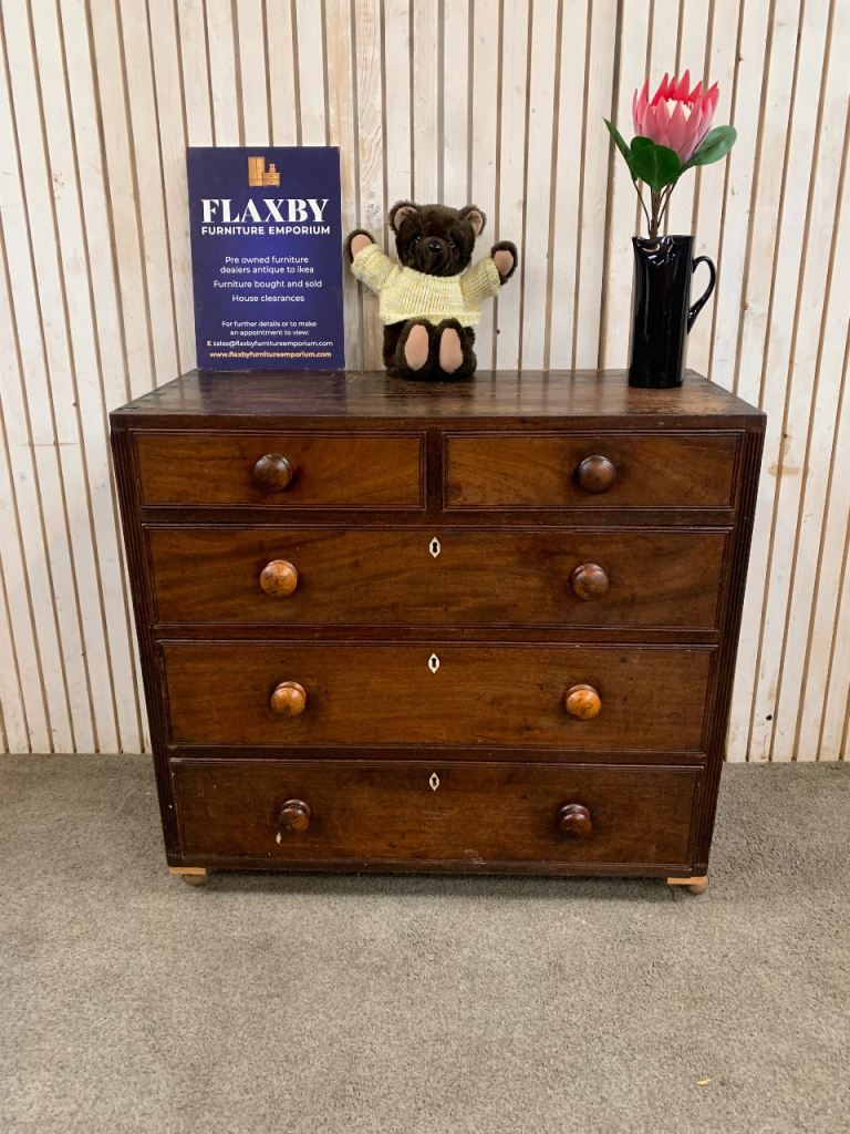 Antique Victorian Walnut Chest of Drawers – 2 Over 3 Drawer Dresser – Original Wooden Knobs