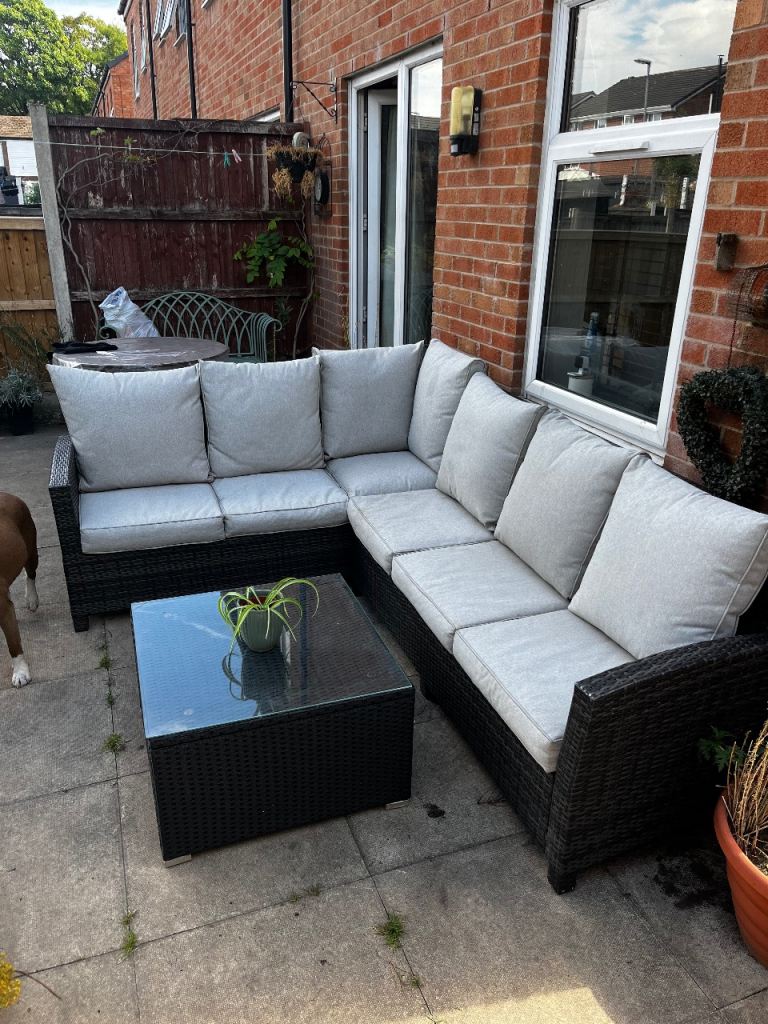 Bellissimo Rattan Garden Corner Sofa Set with Glass Coffee Table
