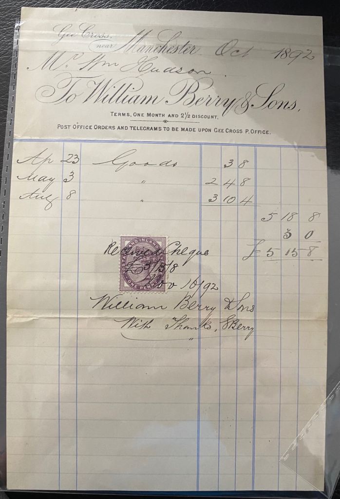 William Berry & Sons Antique Invoice 1892 with Stamp