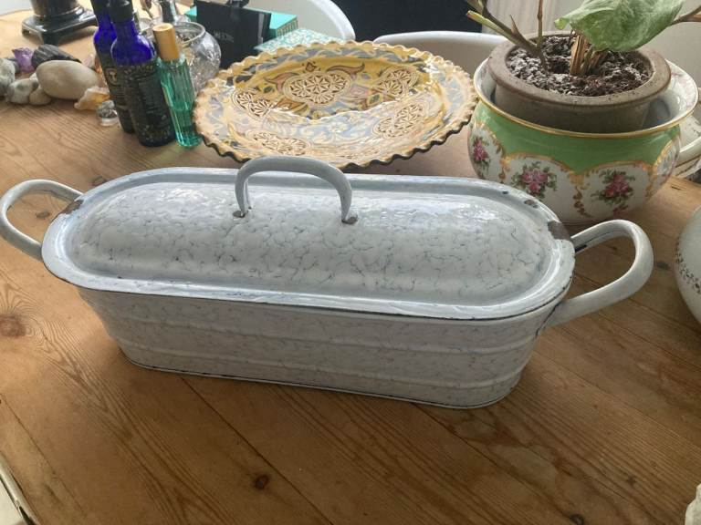 Rare vintage white and blue enamel Fish Kettle