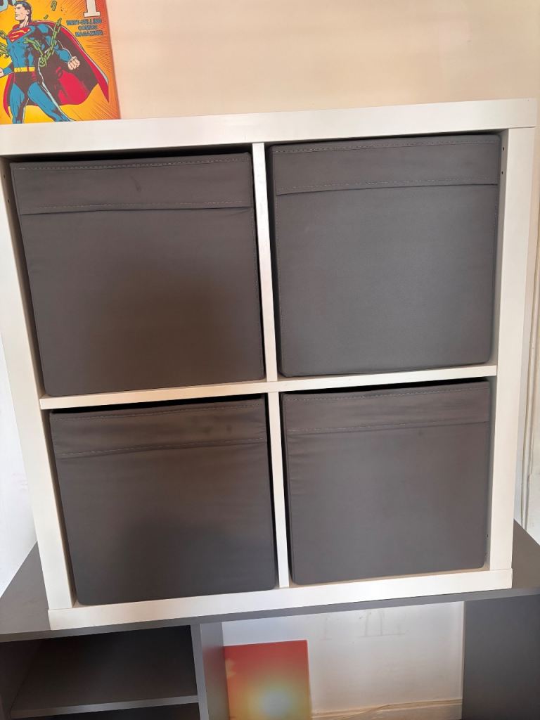 IKEA KALLAX 4-Cube Storage Unit with Grey Fabric Boxes