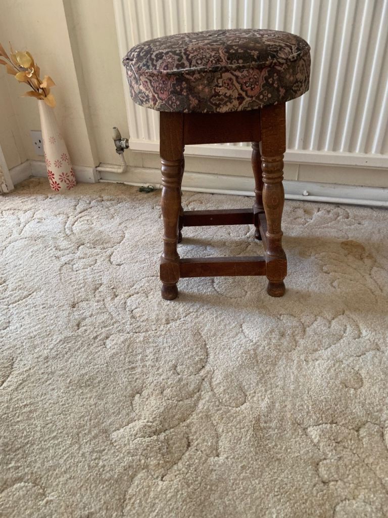 Vintage Wooden Stool with Patterned Upholstery – Fair Condition