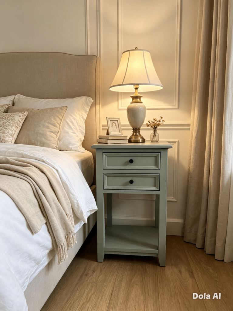 Pair of sage green Bedside Tables with Drawers – Good Condition