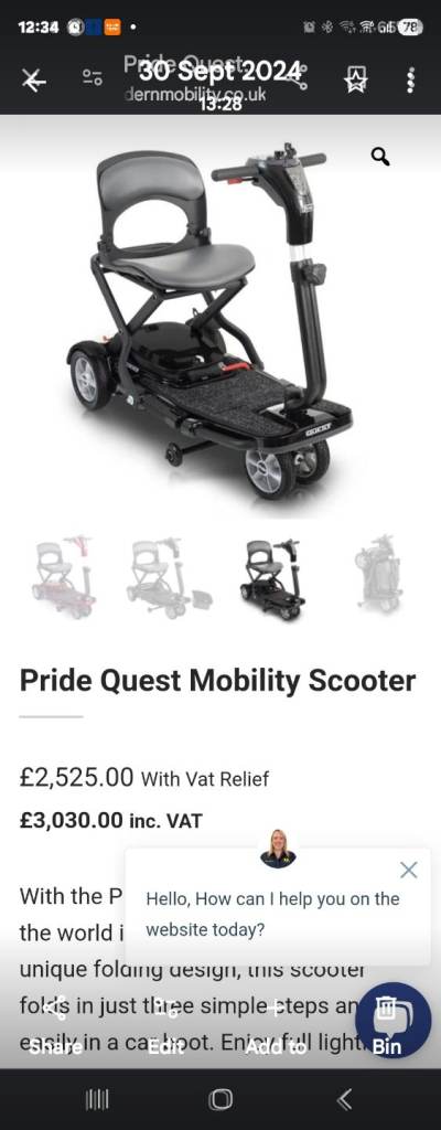 Pride Quest Folding Mobility Scooter – Black, As Good As New