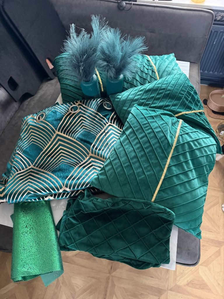 Emerald/peacock green and gold curtains and cushions bundle 