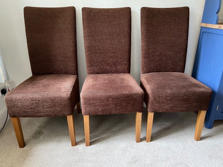 6 Brown Fabric Dining Chairs – Good Condition