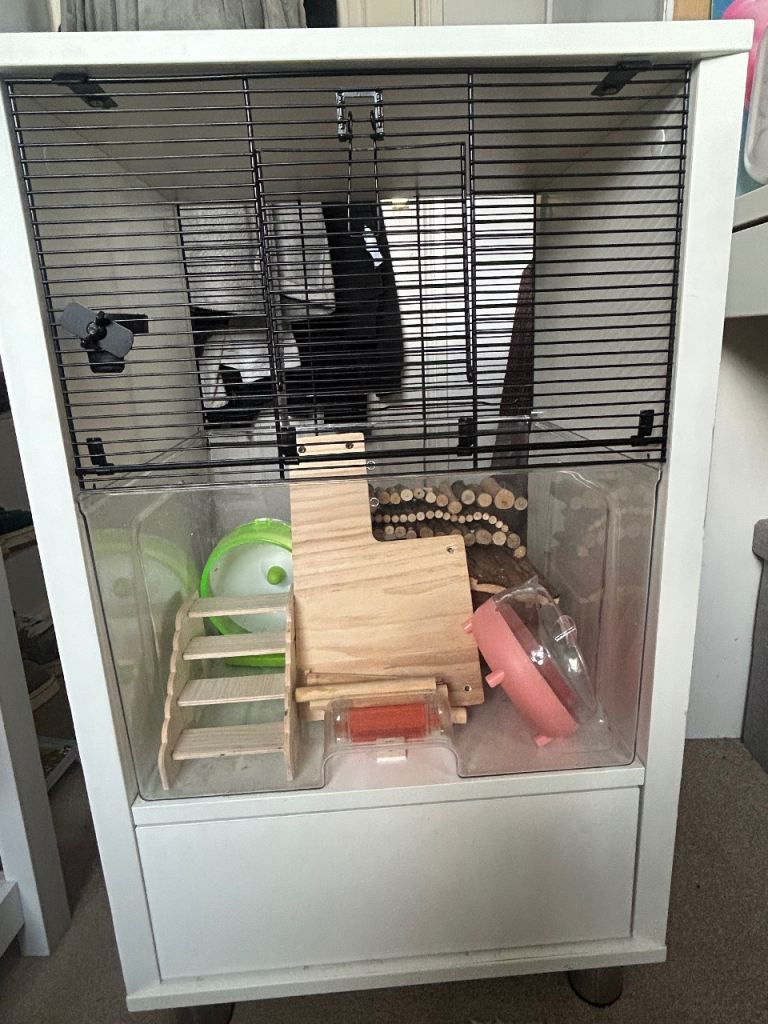Large white wooden hamster cage with accessories