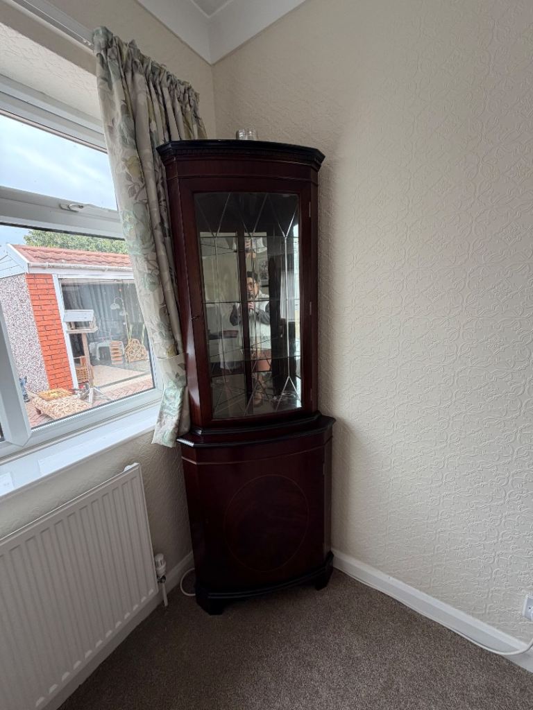 dark mahogany-colored corner display cabinet