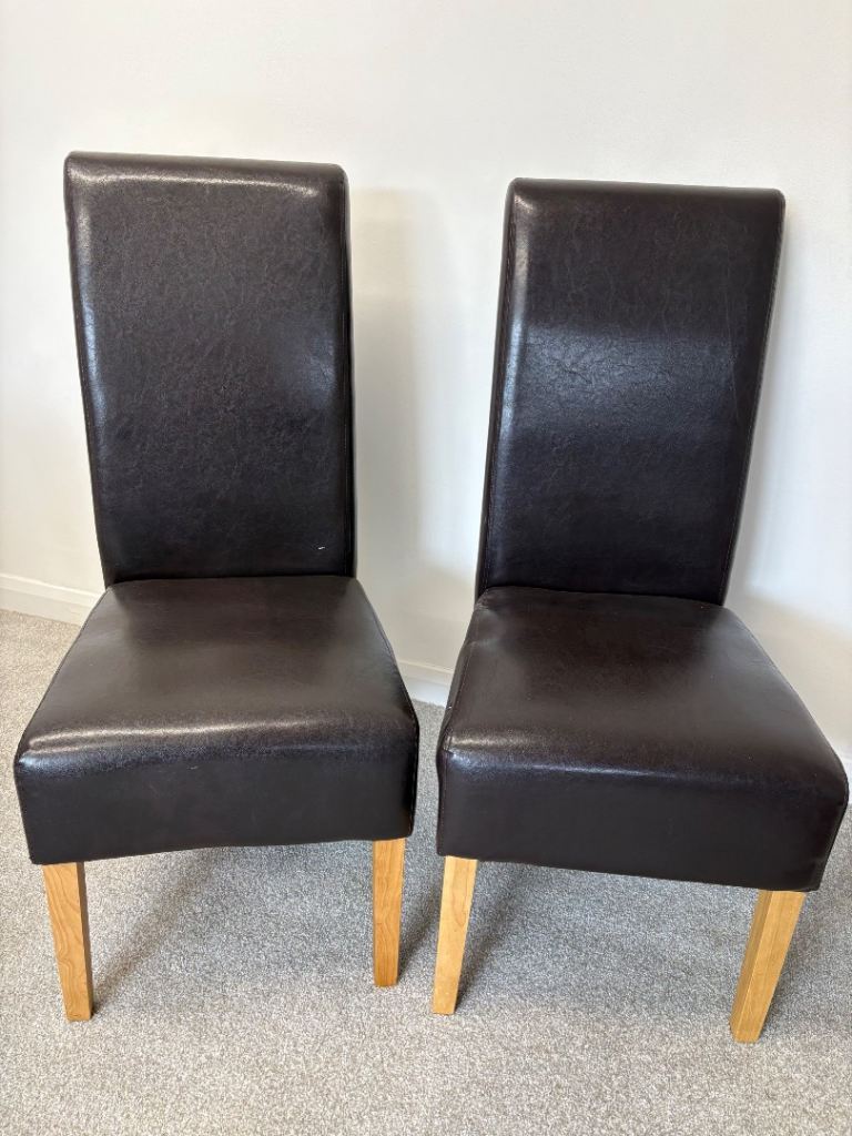 Pair of Brown Faux Leather Dining Chairs with Wooden Legs