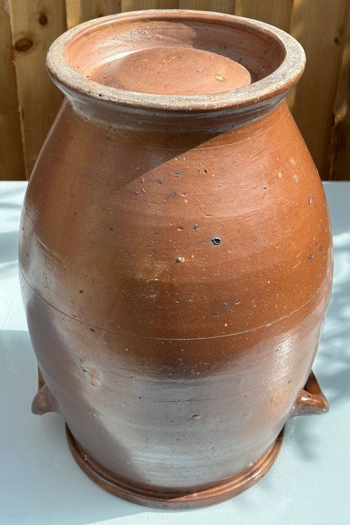 LARGE ANTIQUE FRENCH STONEWARE PLANTER URN, CONFIT JAR POT, SALTING JAR - H47cm 7.8kg - WILL POST!