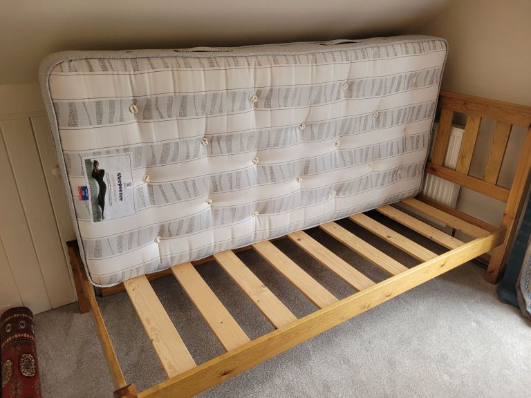 Pine Single Bed Frame and Mattress – Good Condition