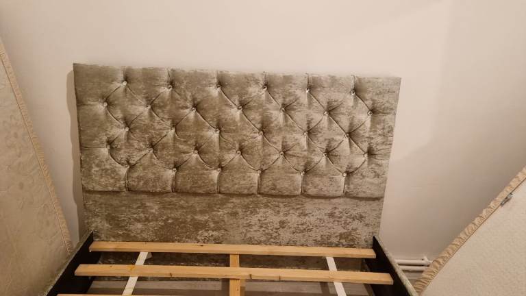 Double Bed Frame Gray Velvet With Diamond Design