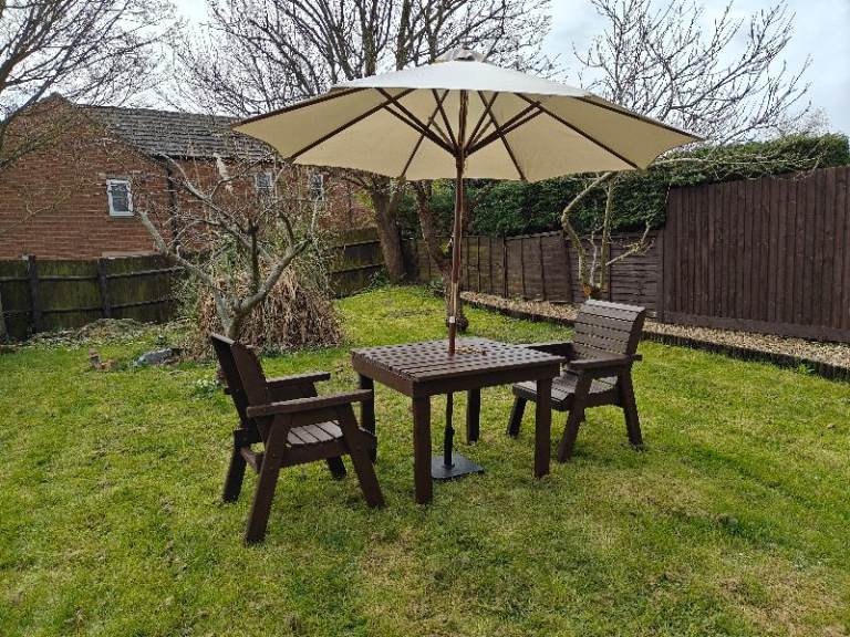 Wooden Solid Garden Patio Furniture Set, Chair x2, Table x1, Parasol x1, Parasol Stand x1