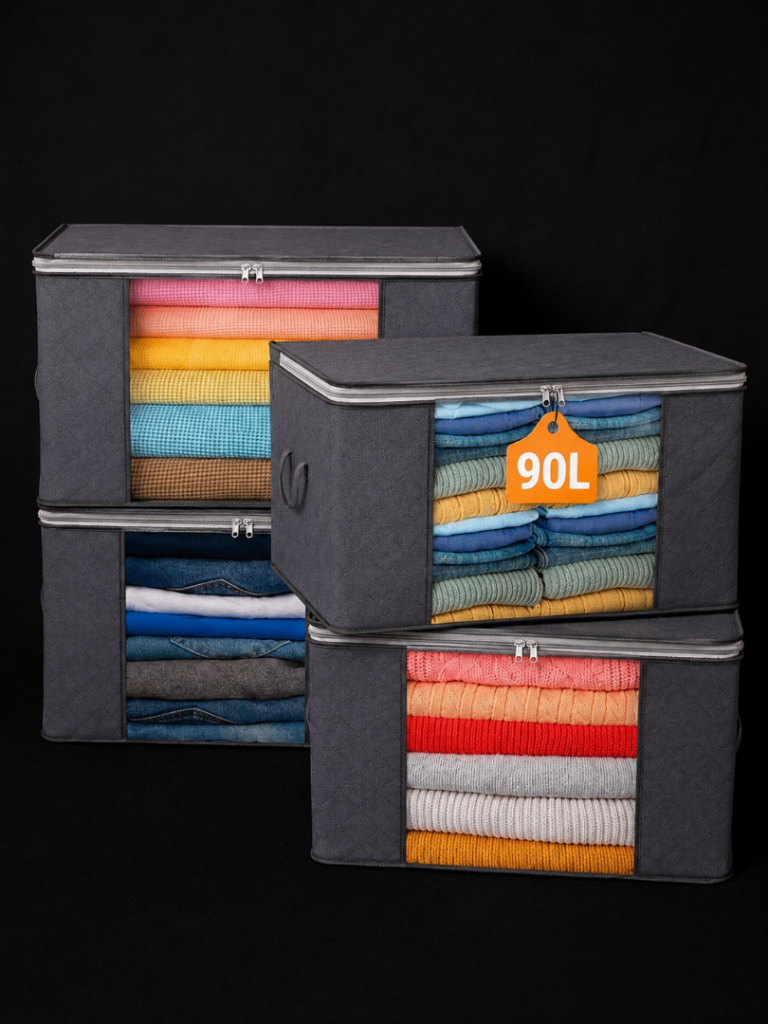 4 packs of New Grey Fabric Storage Boxes with Zips – 90L Capacity