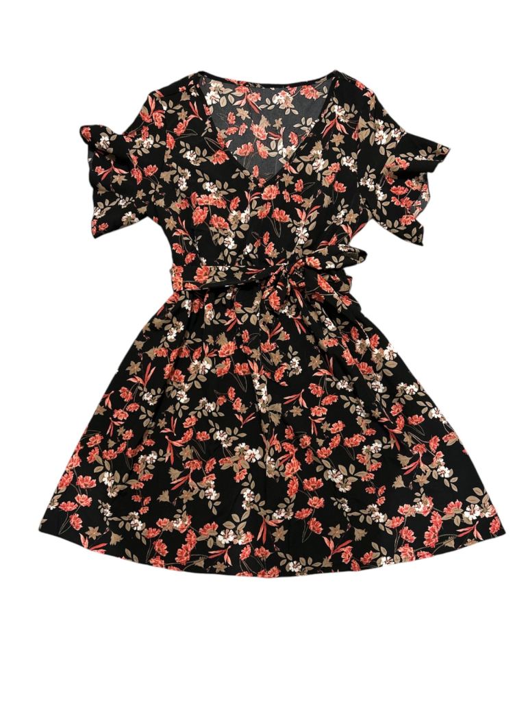 Womans Floral Print Waist Tie V Neckline Short Sleeve Dress Size Large 12-14
