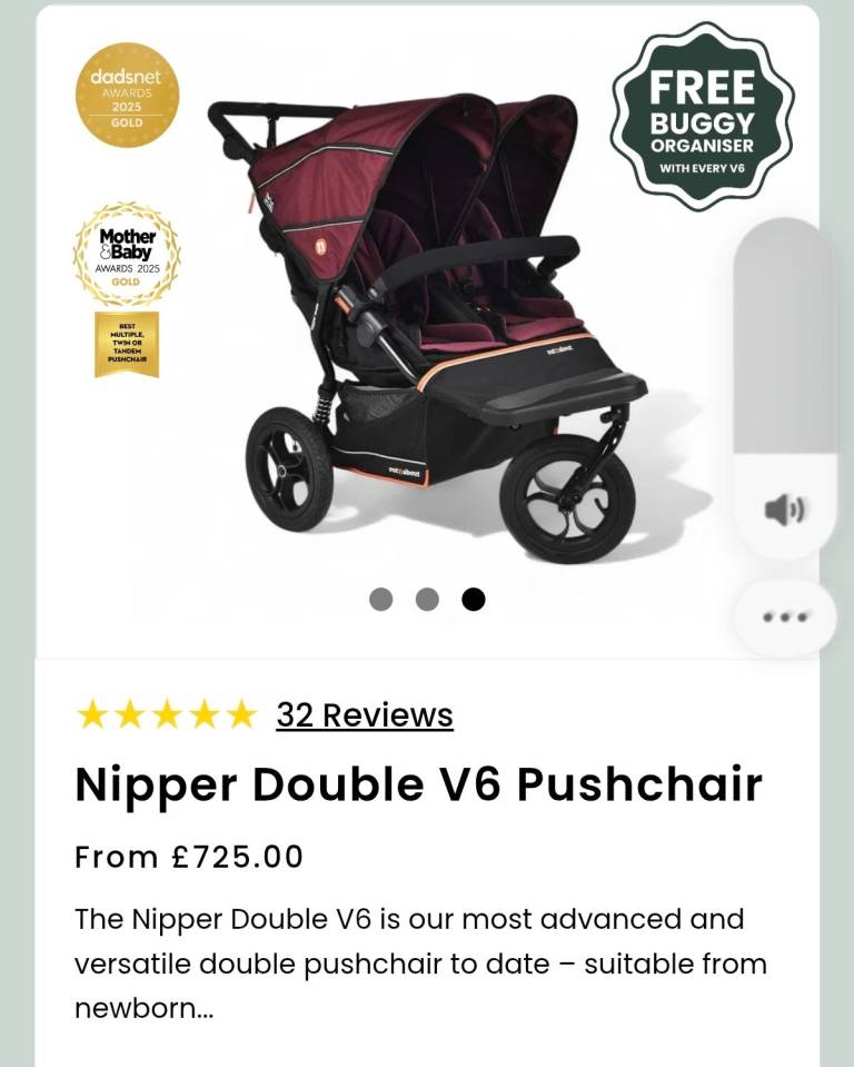 Nipper Double V6 Pushchair - Red, Good Condition
