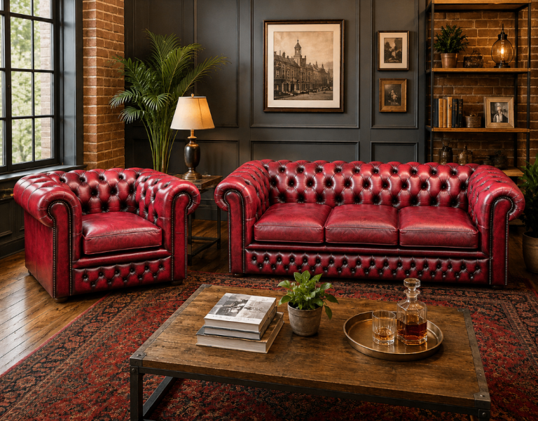 Oxblood chesterfield sofa club set