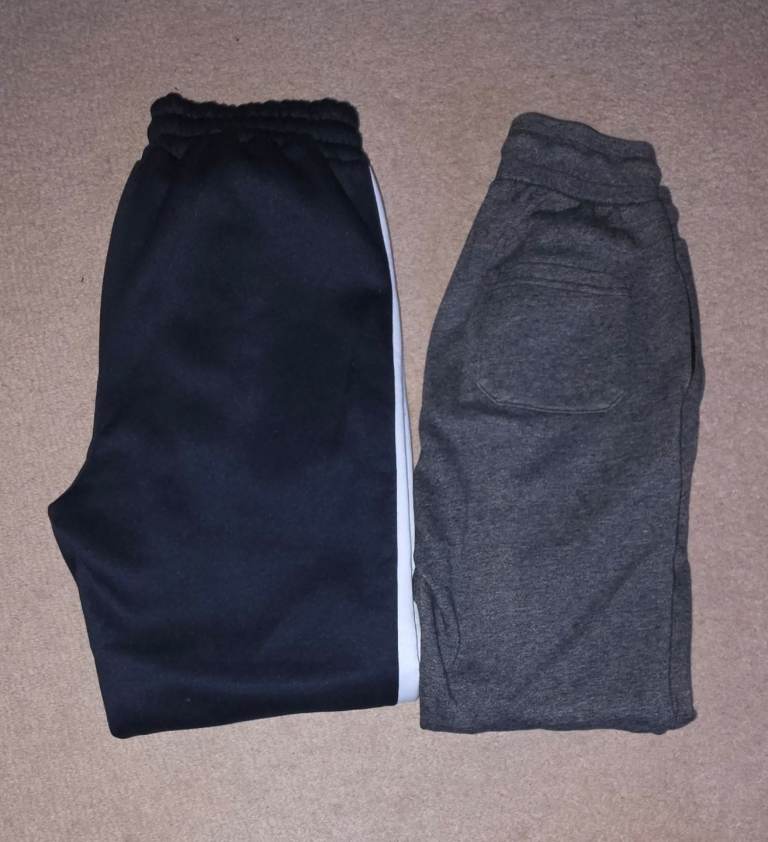 image for 2 Pack Men’s Joggers Bottoms – Small Size | Skinny Fit Grey + Blue with White Stripe & Print