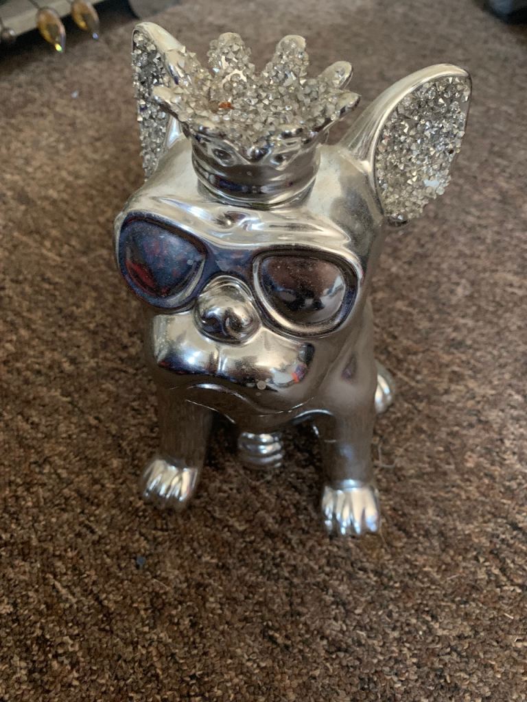 Silver French Bulldog Figurine with Crown and Sunglasses