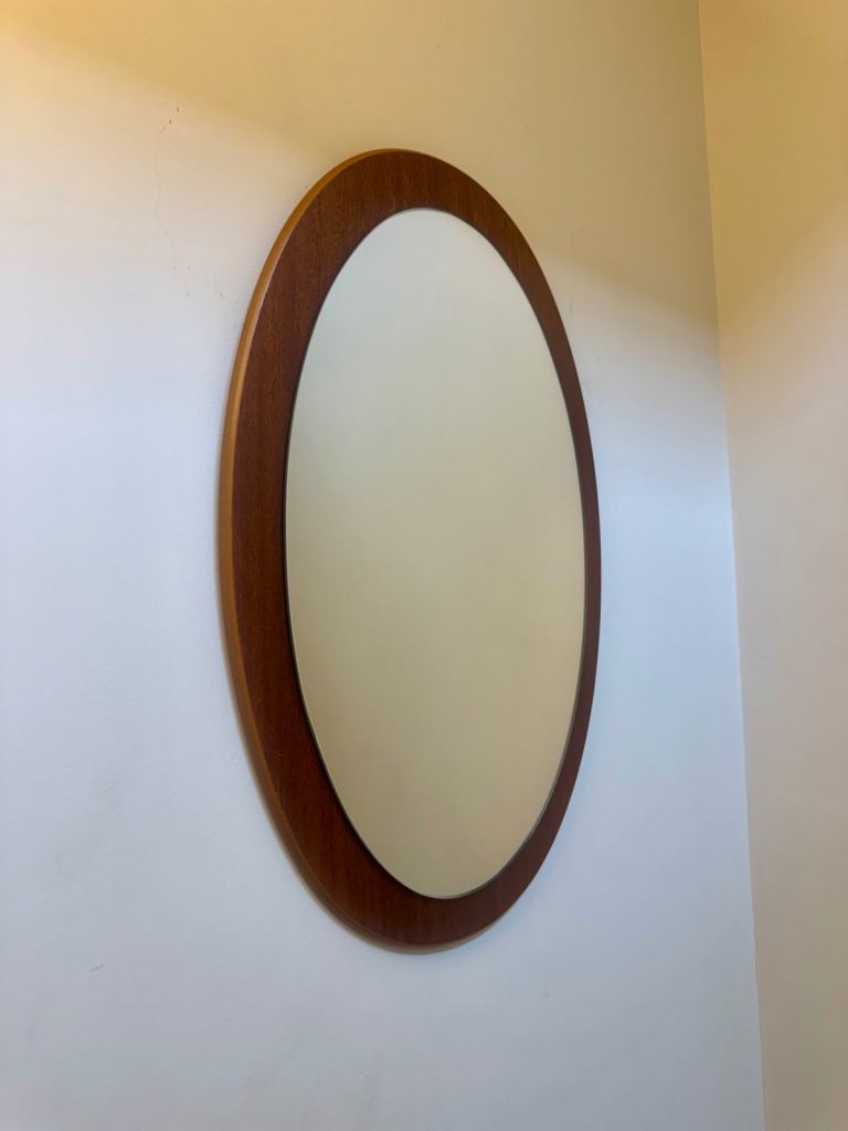 Mid century vintage retro Danish style teak frame oval mirror 