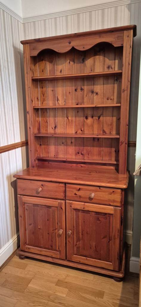 Solid wood, dark antique pine dresser & separate cupboard (2 pieces of furniture). Excellent cond