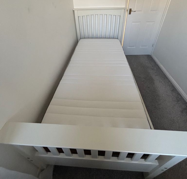 M&S Hastings Single Bed Off-White with IKEA Memory Foam Mattress Good Used condition 