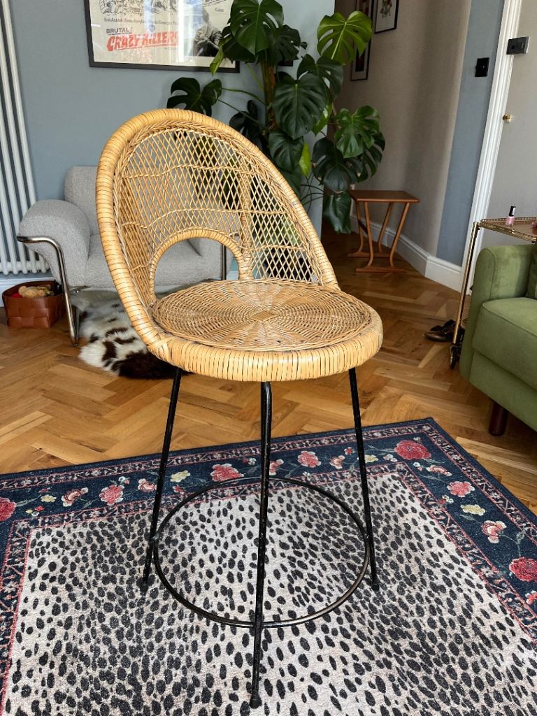 Vintage Rattan / Cane / Wicker Bar Stool Black Wrought Iron Legs