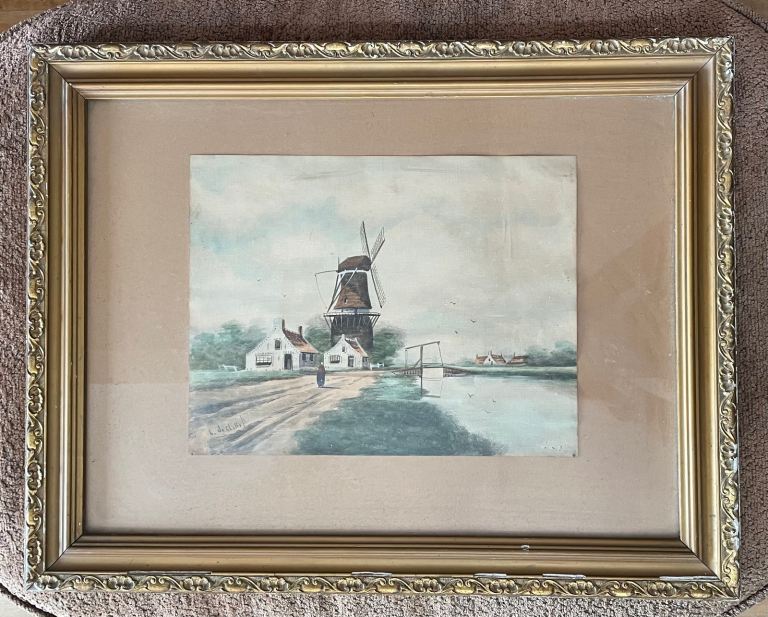 Victorian signed watercolour of windmill Dutch 