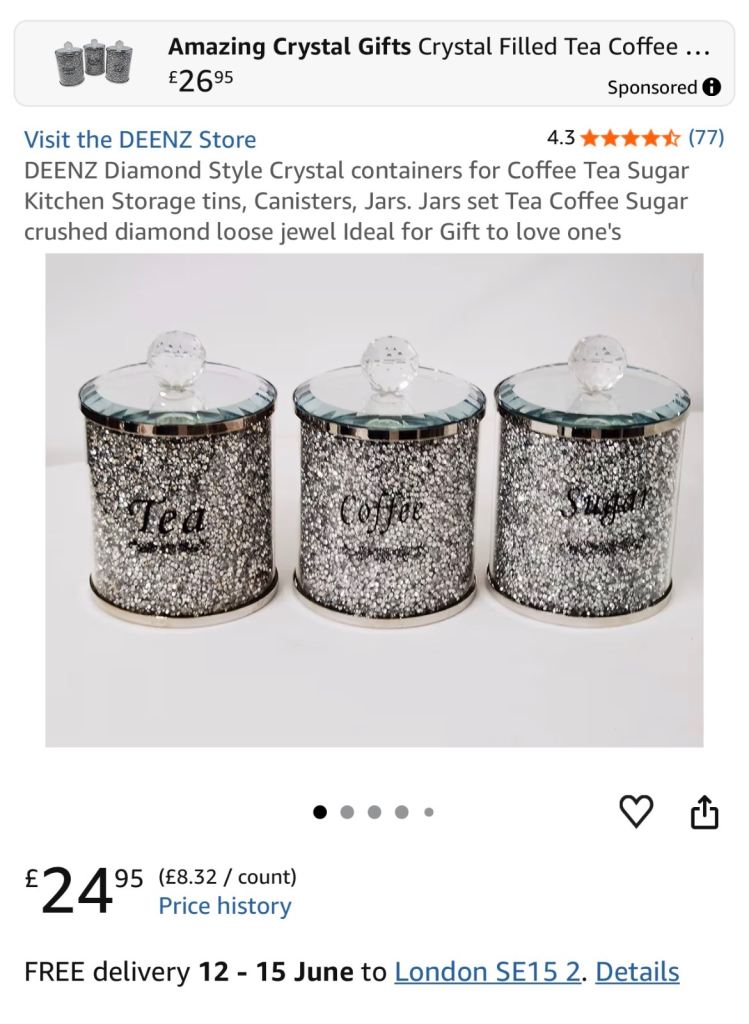 DEENZ Diamond Style Crystal containers for Coffee Tea Sugar Kitchen Storage tins, Canisters, Jars