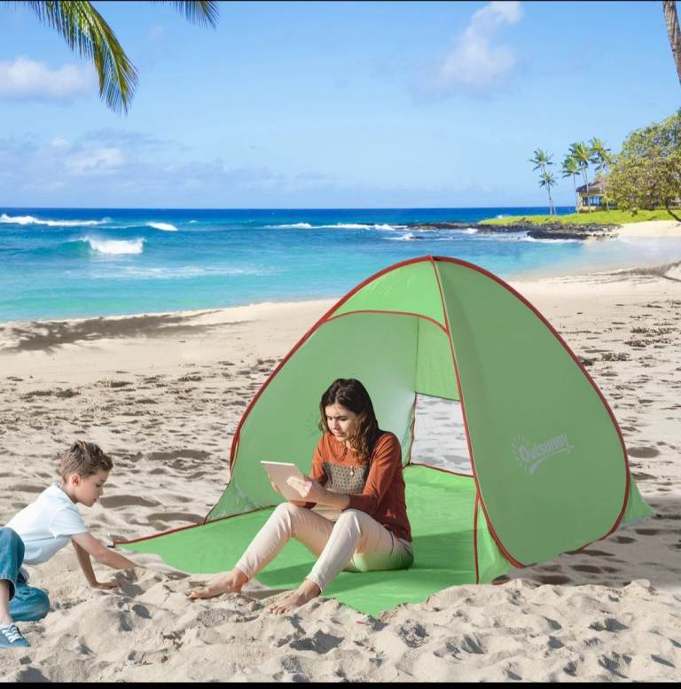 Outsunny Pop-Up Beach Tent - Green Sun Shelter