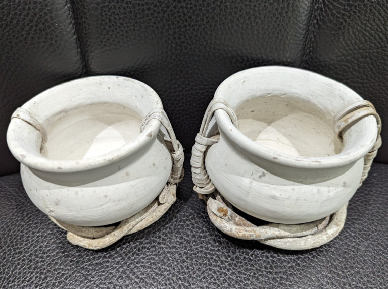 PAIR OF RUSTIC WHITEWASHED CLAY POTS WITH WOVEN TWIG BASE 7.5cm H x 9.5cm DIA