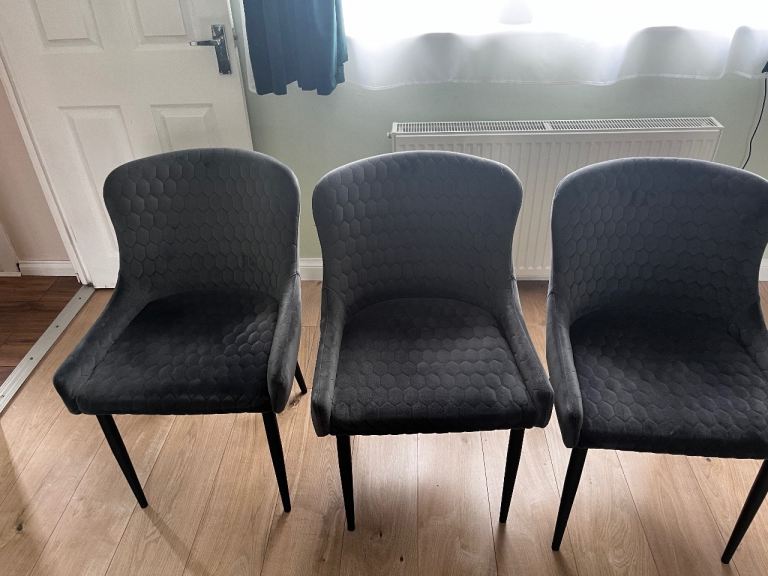 Set of 3 Grey Fabric Dining Chairs – Good Condition
