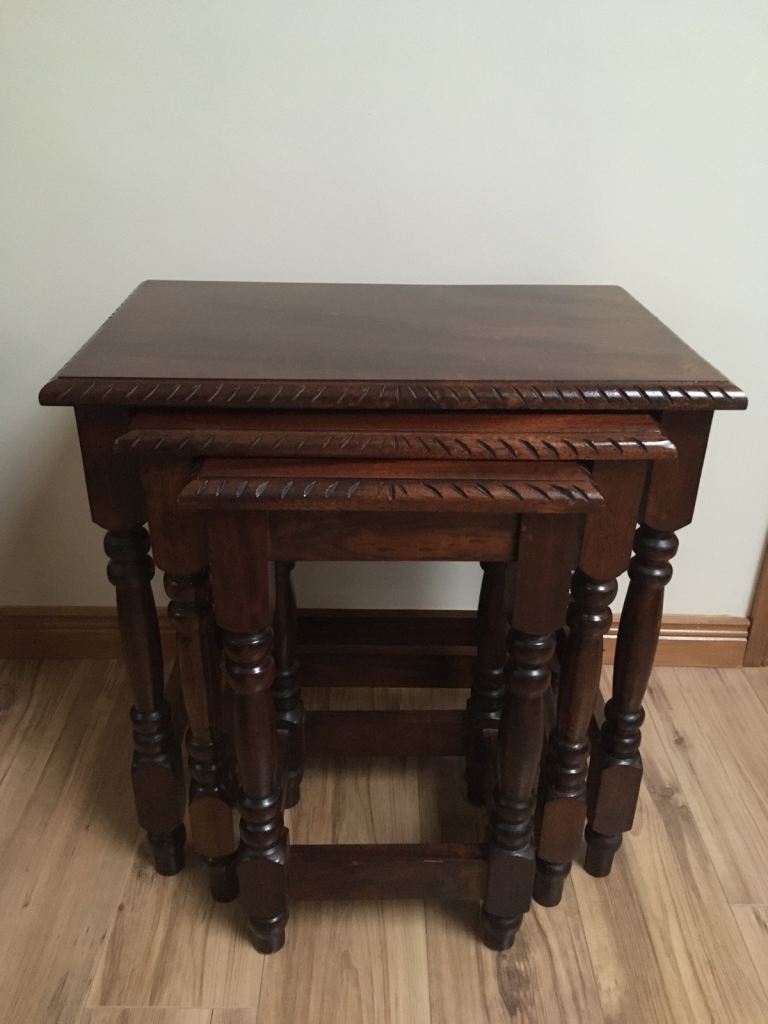 2 new 2 seater manual recliner sofas & nest of 4 mahogany tables 